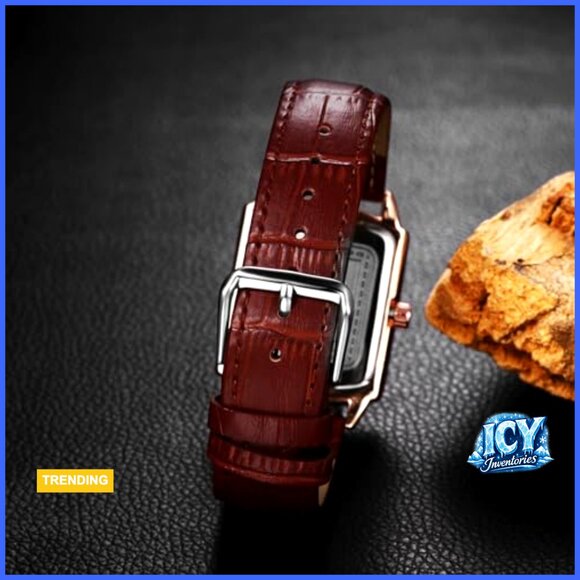 Silver Tone Stainless Steel Case Quartz Analog Watch Brown Leather Strap